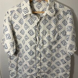 Fabindia Navy and Cream Geometric Linen Shirt